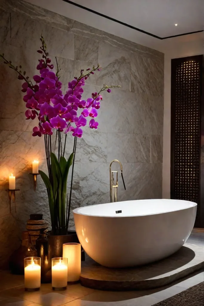 Elegant bathroom with natural stone and soft lighting