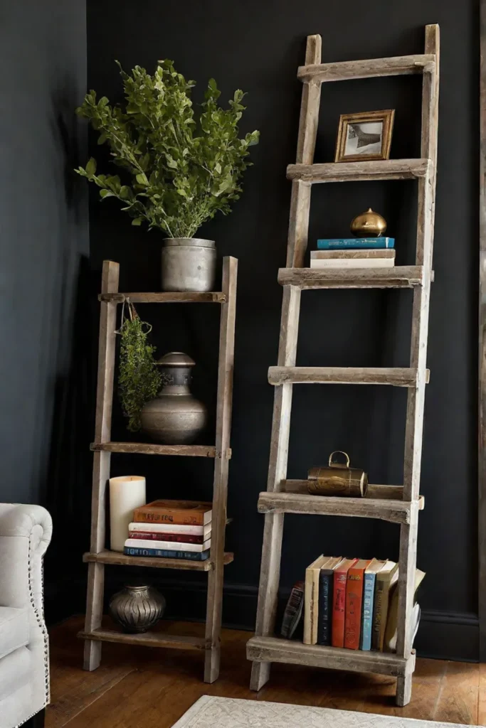 Farmhouse style with a ladder bookshelf and decorative objects