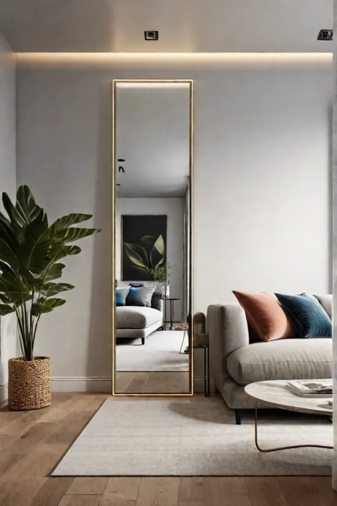 Fulllength mirror widening a narrow living room