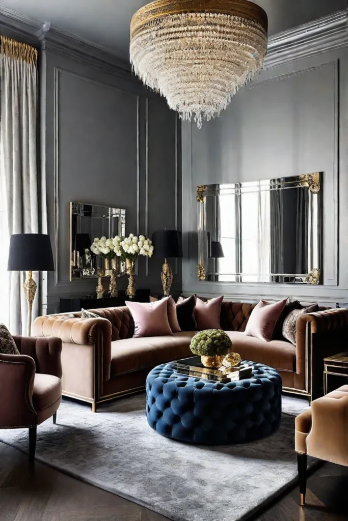 Glam living room with metallic accents and luxurious fabrics