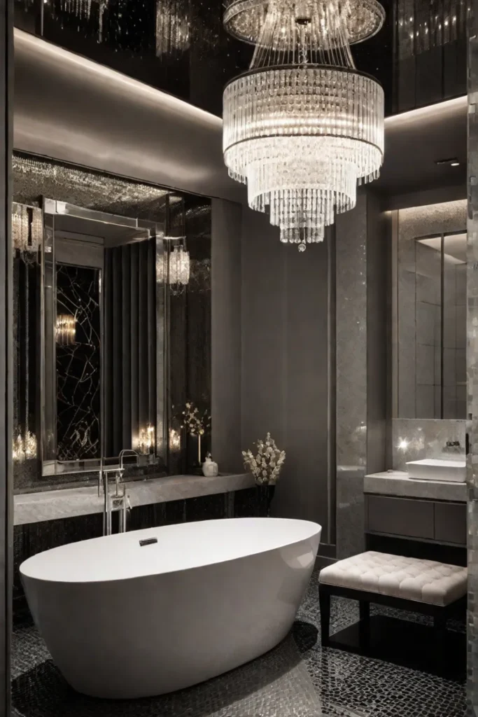Glamorous bathroom with crystal chandelier and metallic tiles