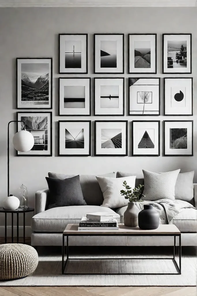 Grid layout gallery wall in a minimalist living room