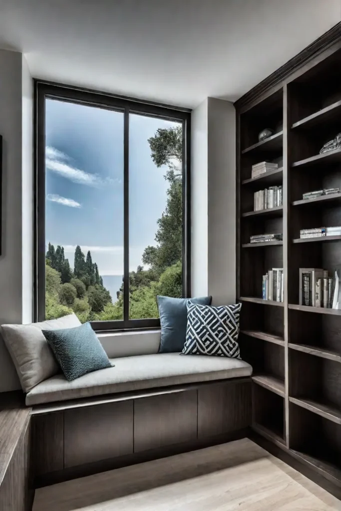 Hidden storage solutions in a window seat with builtin cabinets