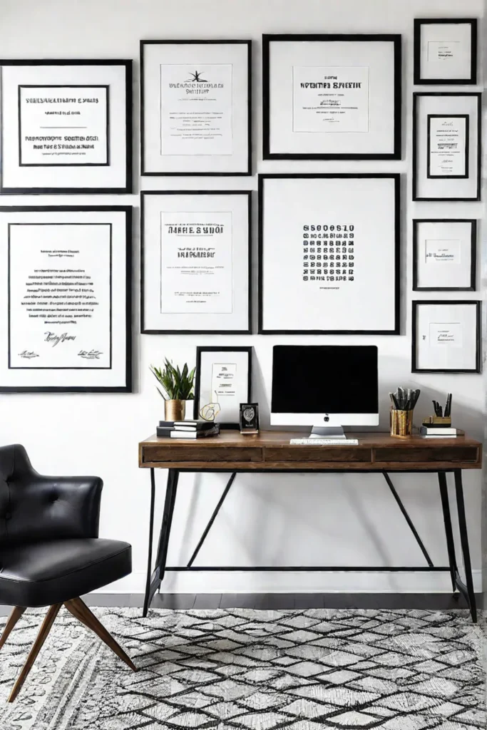 Home office gallery wall with motivational quotes and diplomas