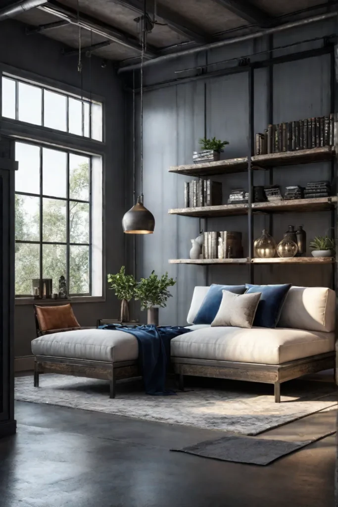 Industrial reading nook with exposed brick and metal