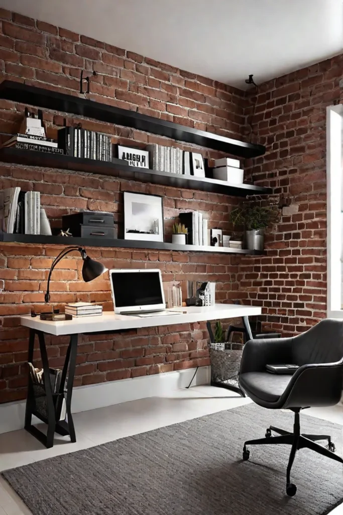 Industrial style home office with brick wall and functional furniture