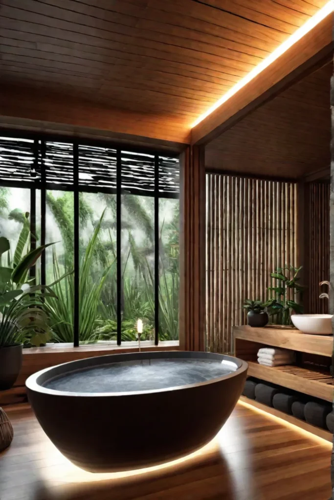 Japaneseinspired bathroom with rock garden