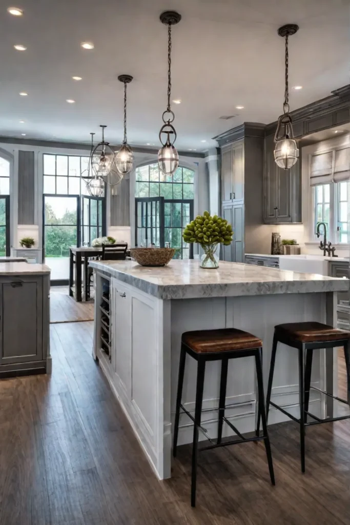 Kitchen island with a butcher block countertop open shelving and a farmhouse sink