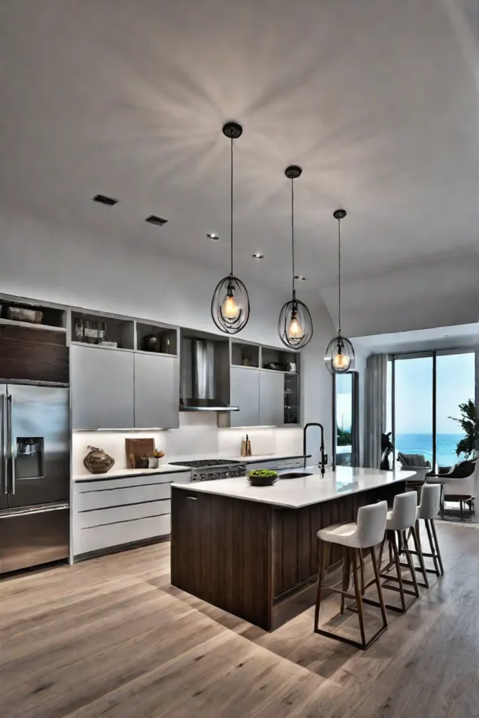 Kitchen island with a waterfall countertop bar seating and a builtin wine fridge