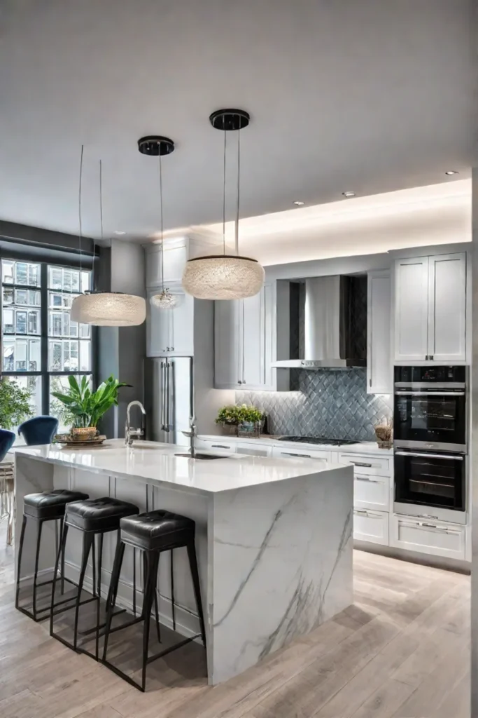 Kitchen with a colorful tile backsplash and open shelving