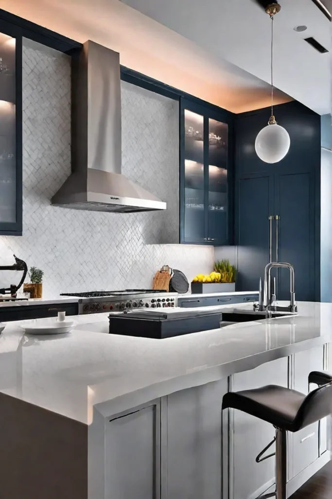 Kitchen with a marble backsplash and countertops