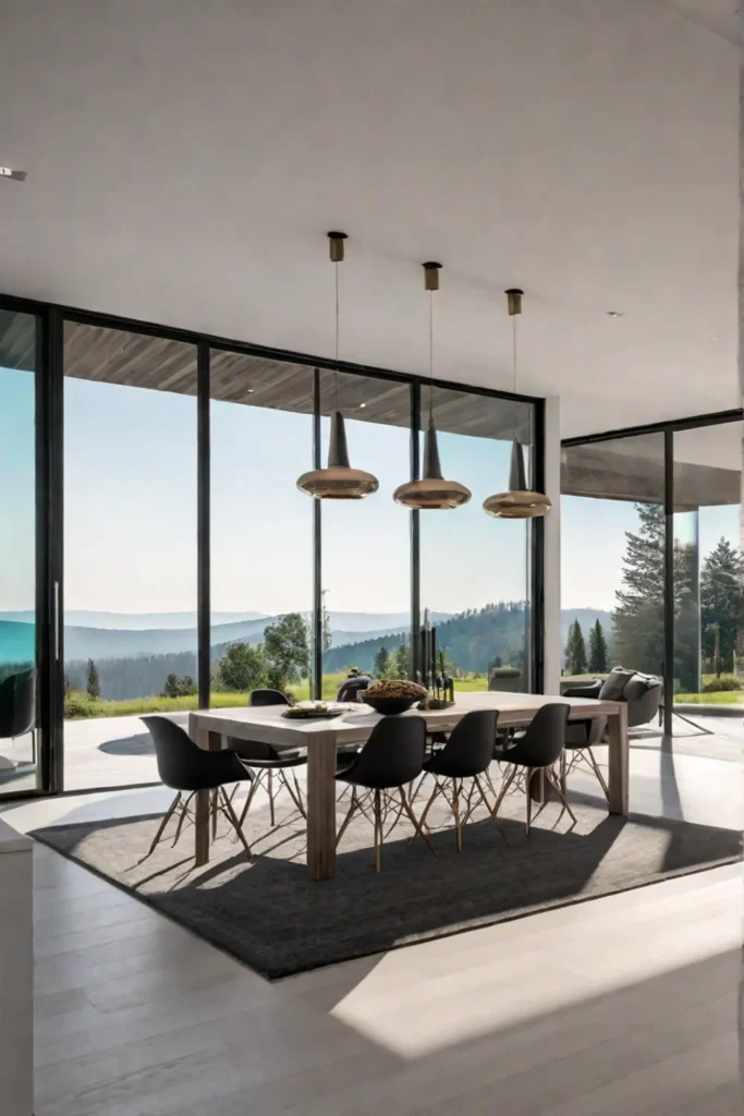 Kitchen with a view of a swimming pool