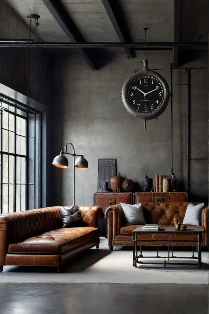 Leather sofa and vintage trunk in an industrialstyle living room