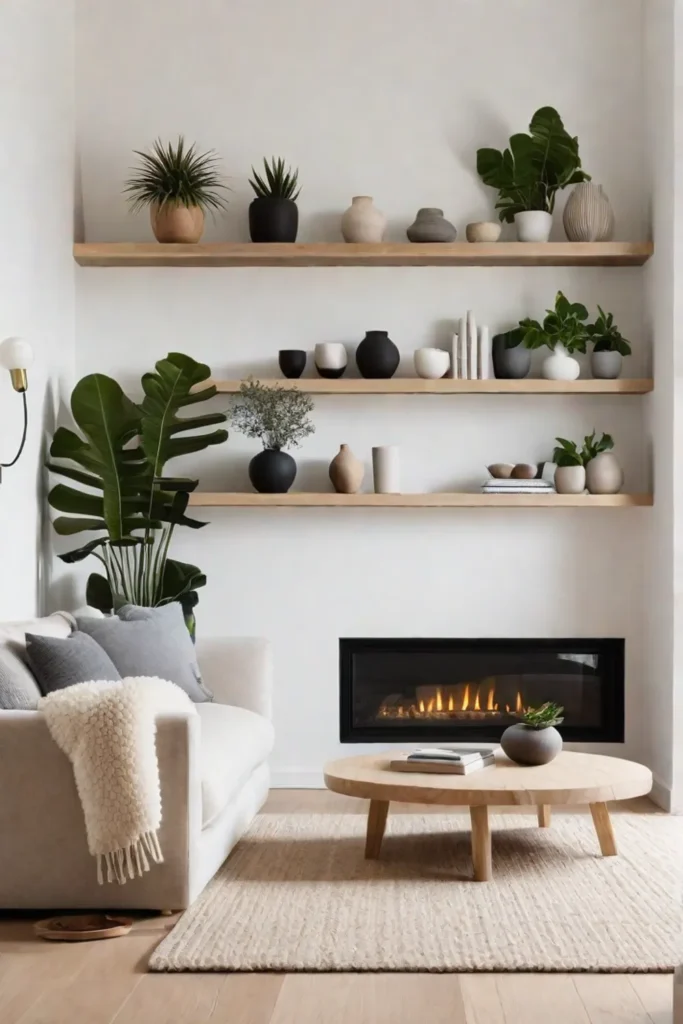 Light and airy living room with curated collection of ceramics and plants