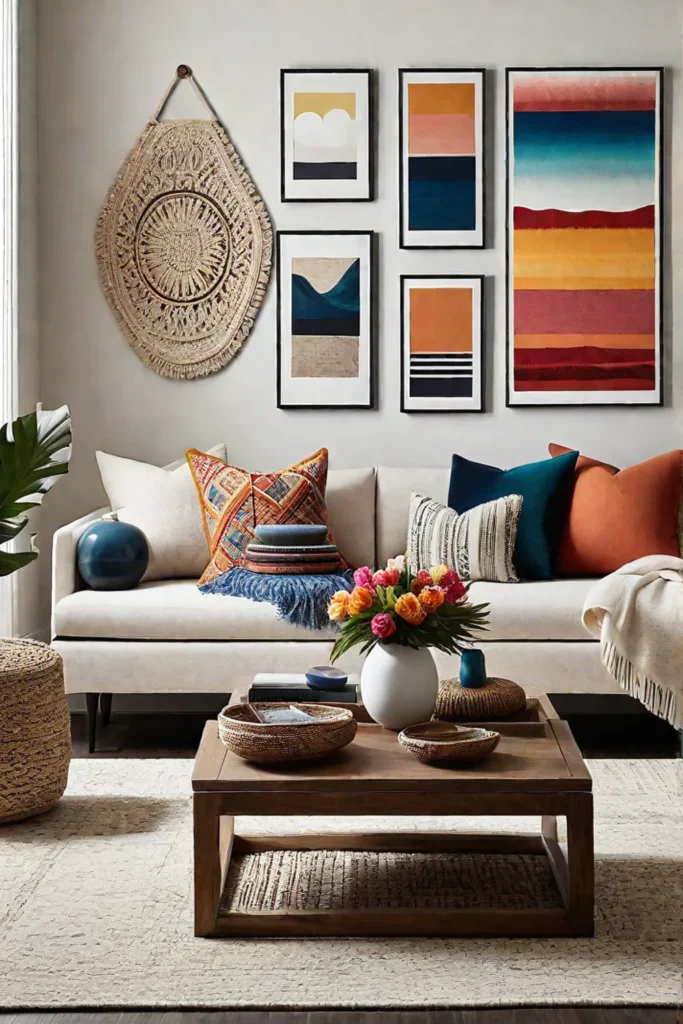 Living room with a textured gallery wall and asymmetrical arrangement