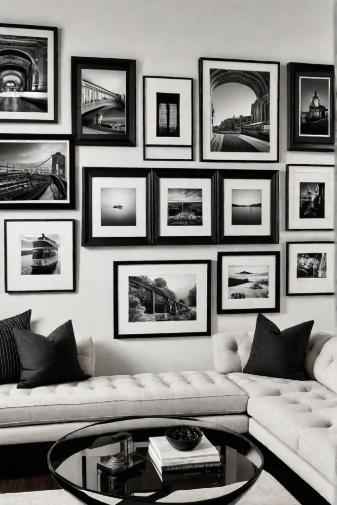 Living room with black and white photography gallery wall