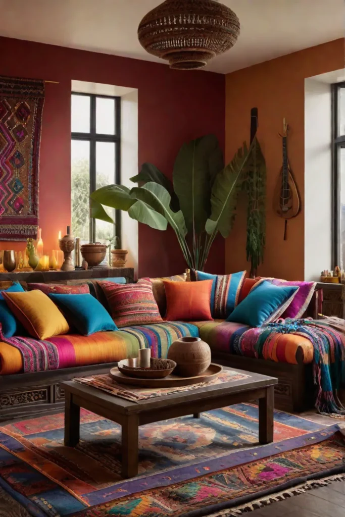 Living room with eclectic textiles and wall hangings