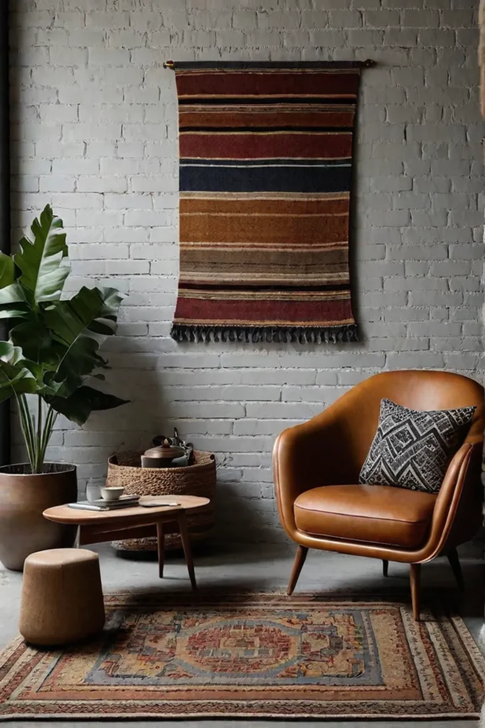 Living room with exposed brick woven tapestry and concrete floor