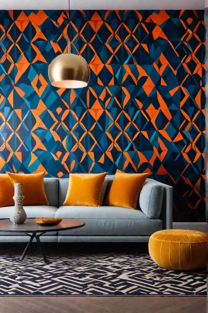 Living room with geometric patterned wallpaper