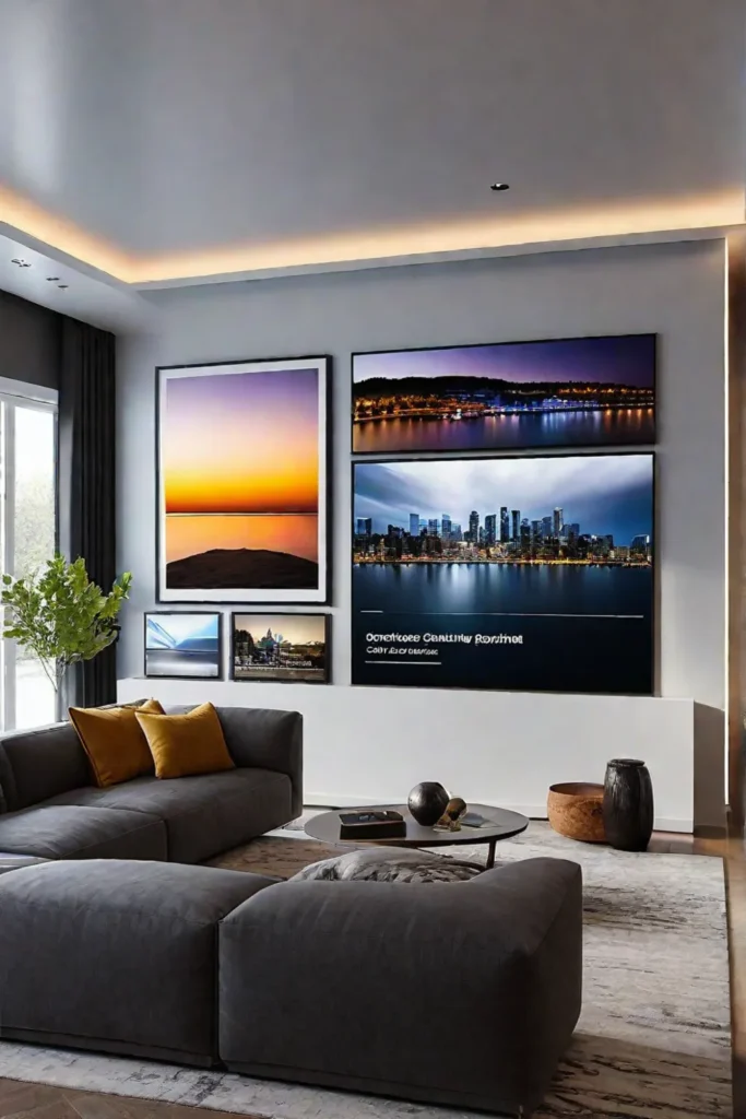 Living room with interactive digital gallery wall