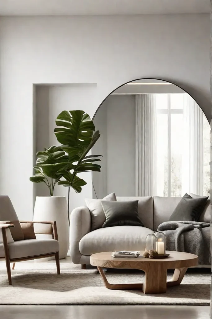 Living room with statement mirror and natural elements