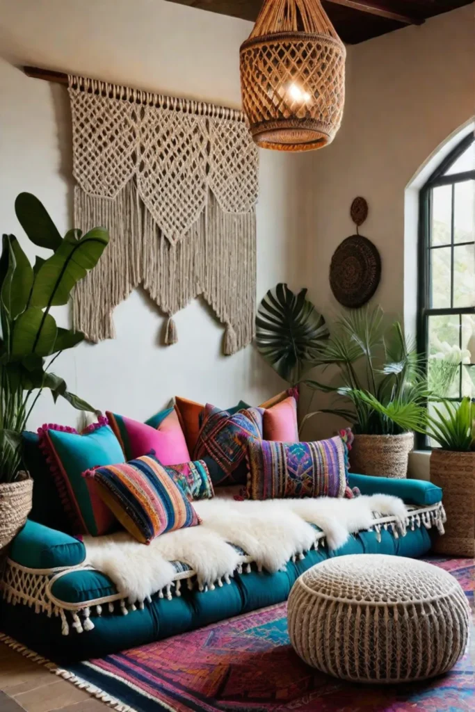 Lush plantfilled living room with bohemian decor