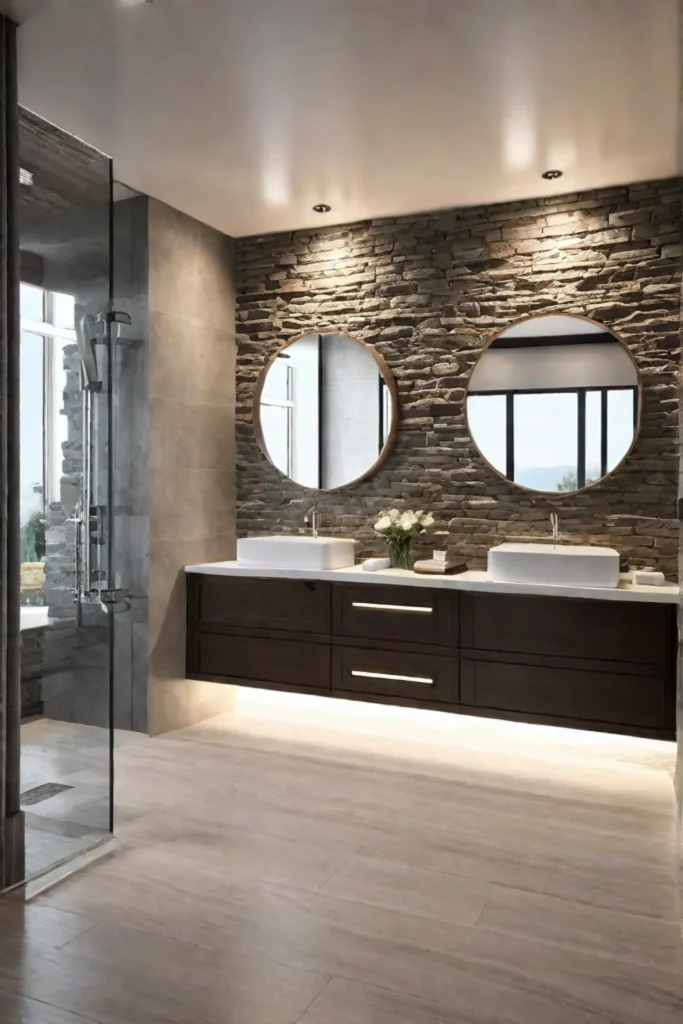 Luxe bathroom design with stone and warm lighting