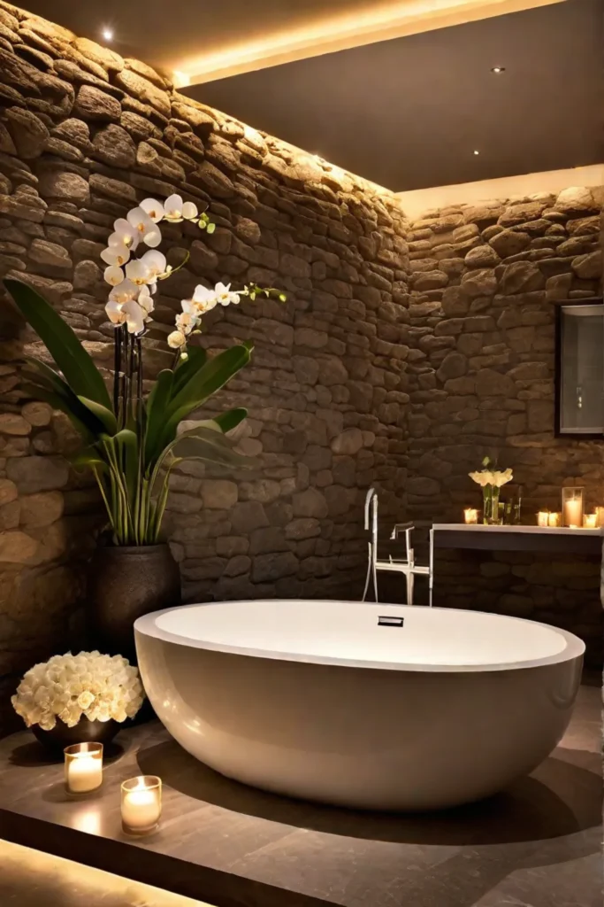Luxurious bathroom with freestanding bathtub and orchids