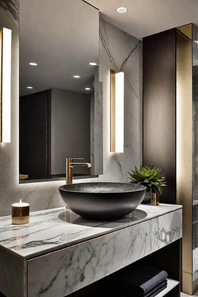 Luxurious bathroom with marble countertop and vessel sink