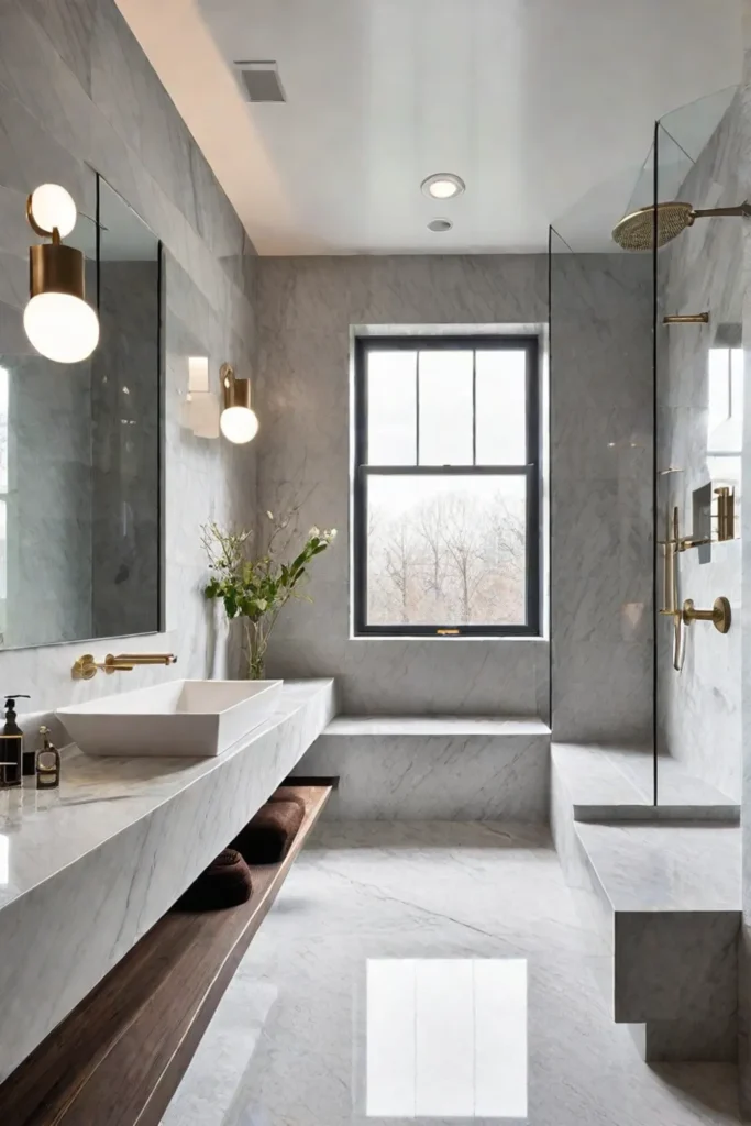 Luxurious bathroom with marble tile and large window