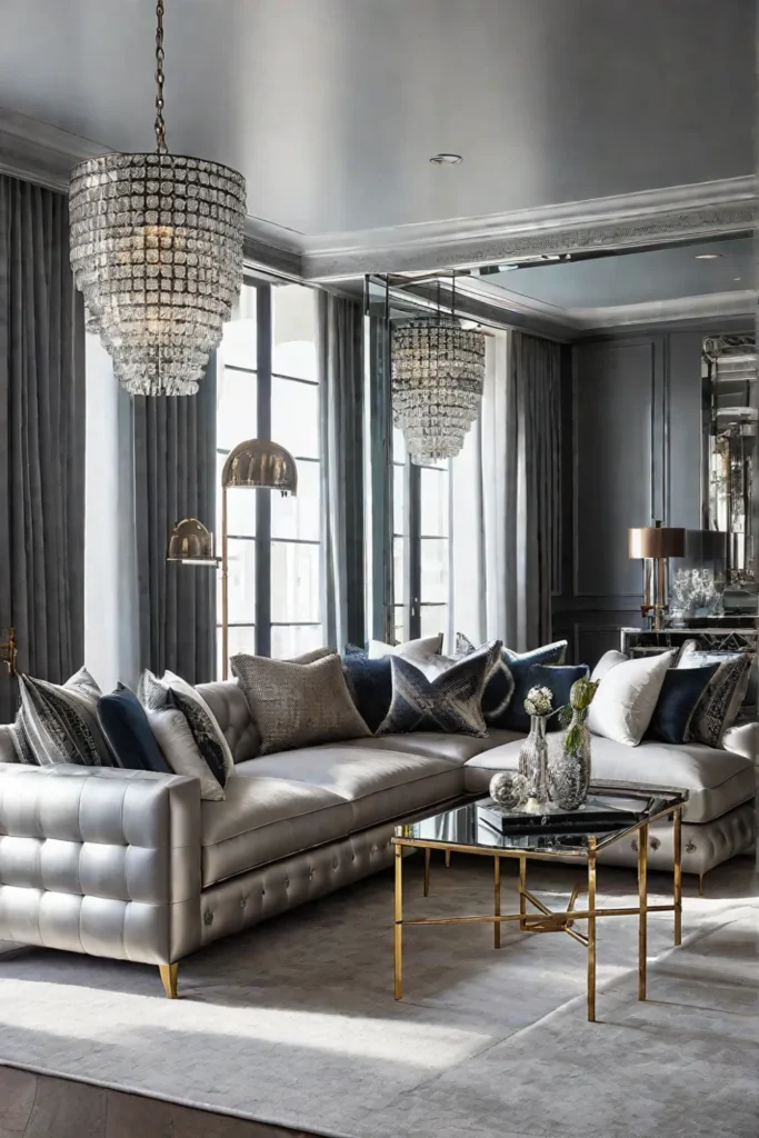 Metallic accents and a statement mirror in an eclectic living room