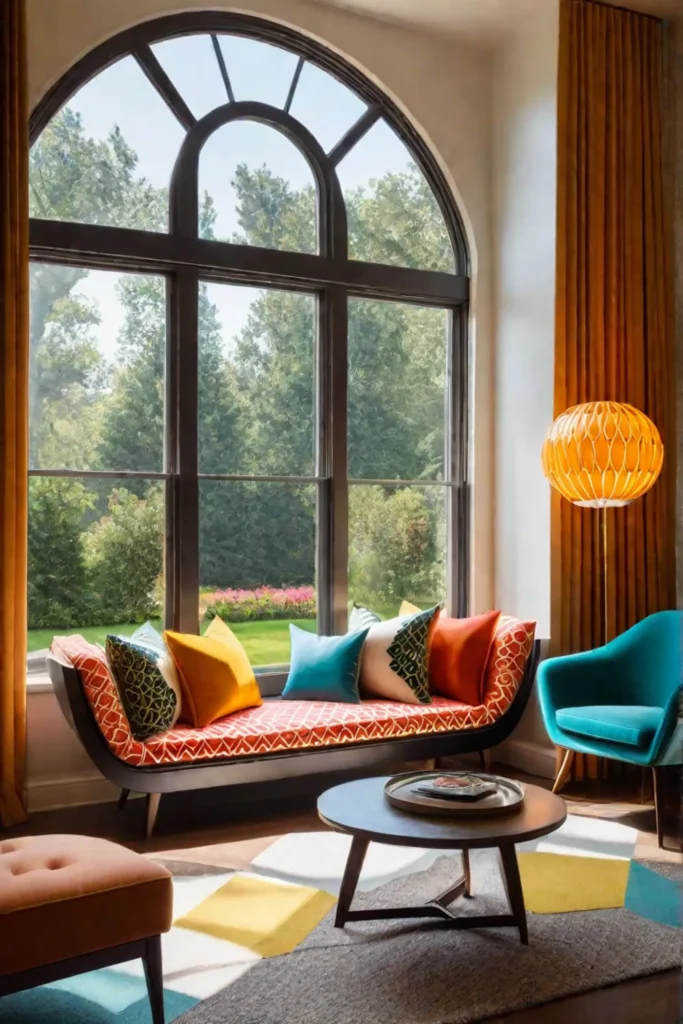 Midcentury modern living room with retro window seat