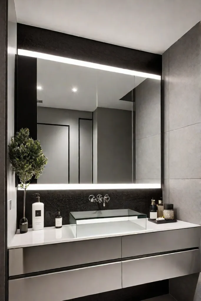 Minimalist bathroom vanity with a mirror and soft lighting