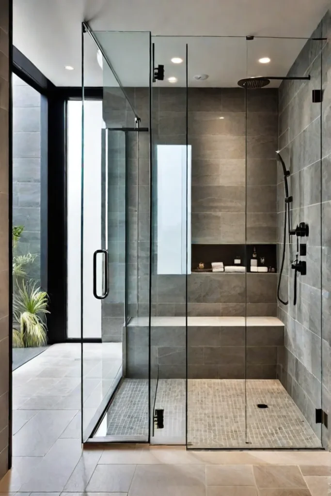 Minimalist bathroom with a walkin shower and natural stone
