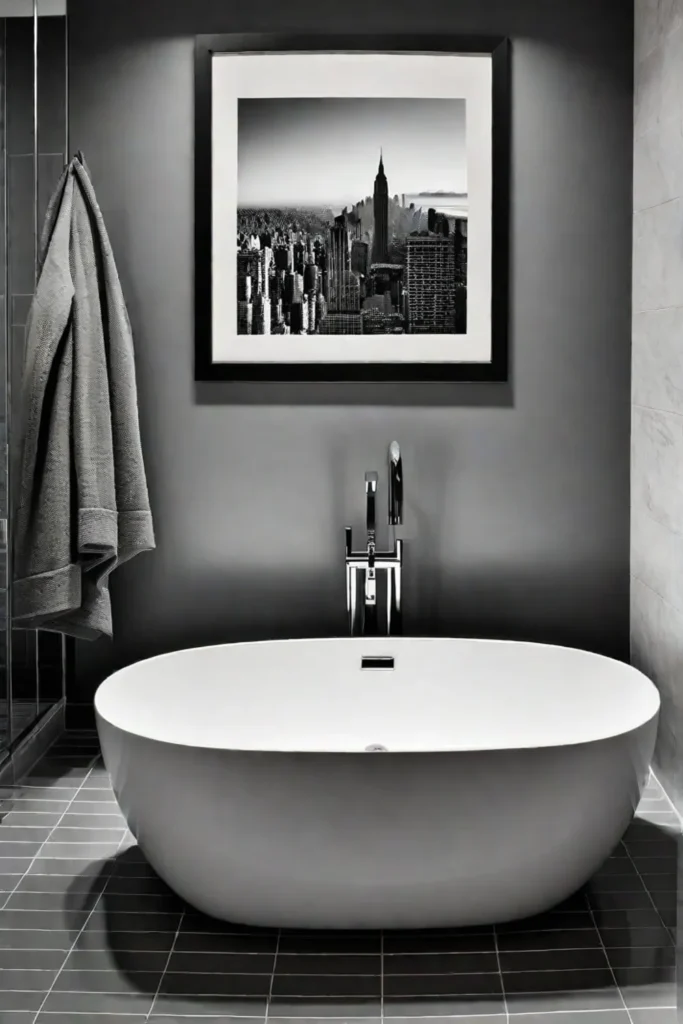 Minimalist bathroom with black and white photography