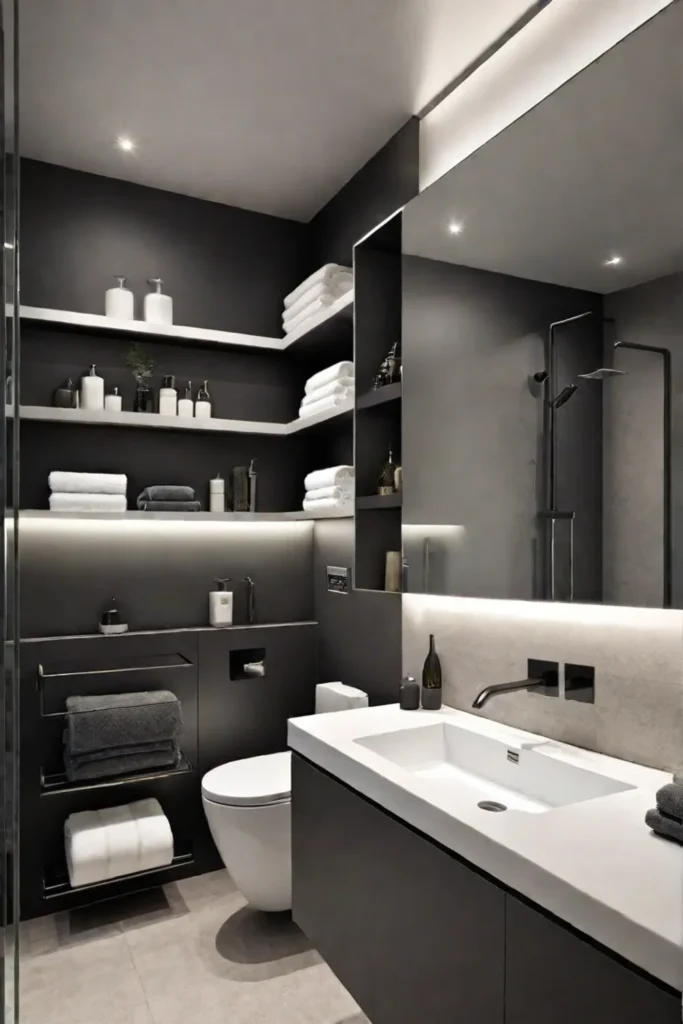 Minimalist bathroom with builtin storage and large mirror