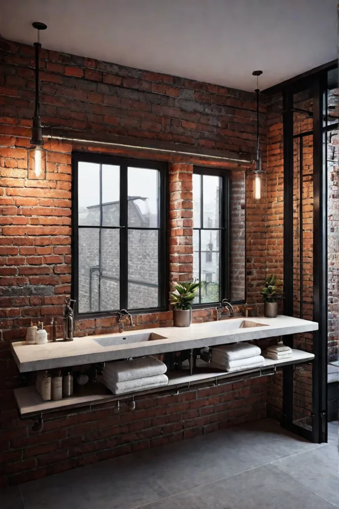 Minimalist bathroom with exposed brick