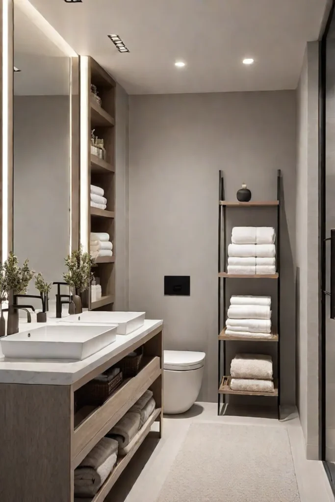 Minimalist bathroom with neutral colors and open shelving