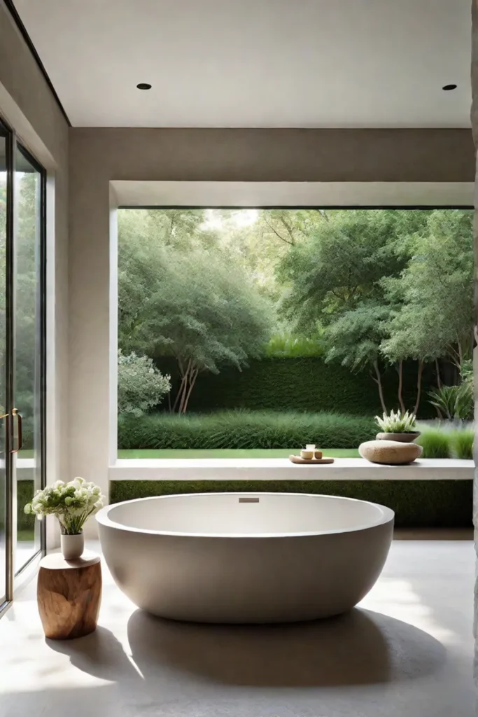 Minimalist bathroom with stone bathtub and garden view