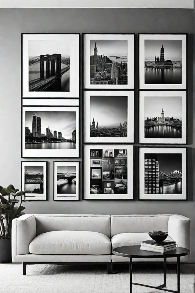 Minimalist gallery wall with black and white cityscape photos