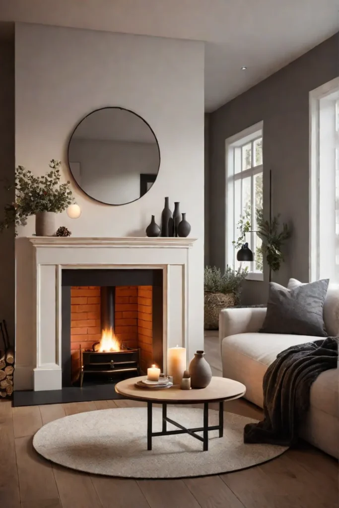 Mirror above a fireplace creating a cozy atmosphere