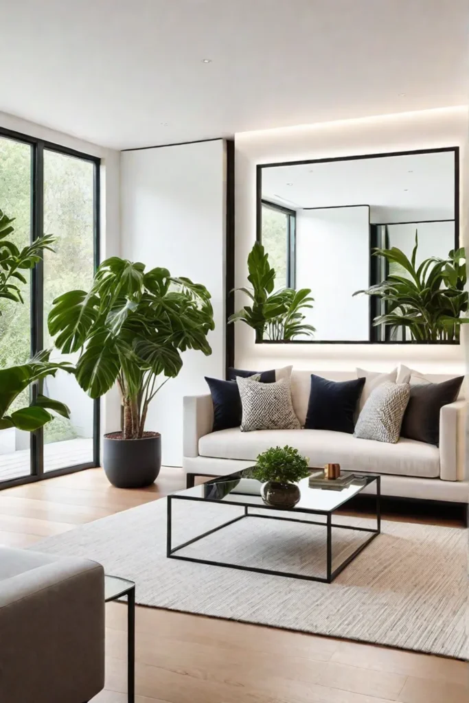Mirror behind a potted plant in a minimalist living room