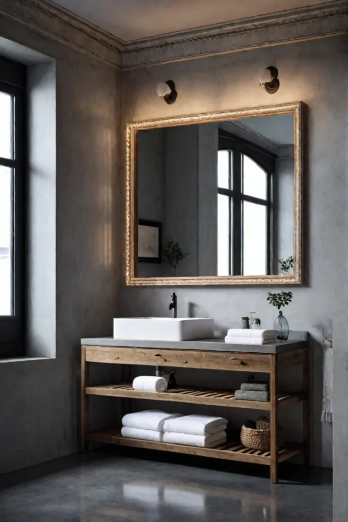 Modern bathroom with antique mirror and concrete accents