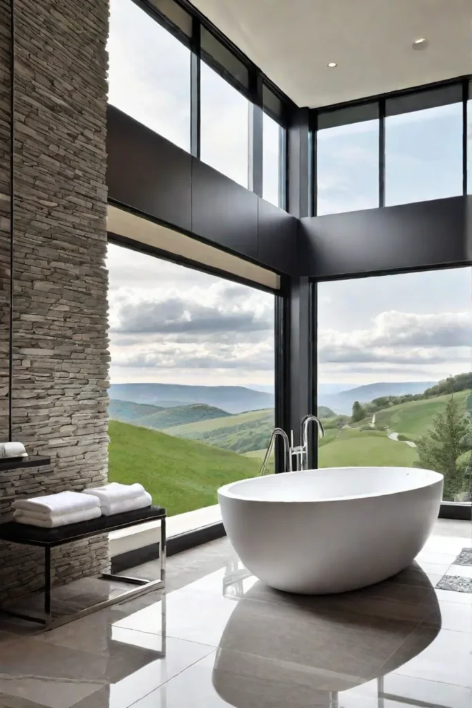 Modern bathroom with freestanding tub and scenic view