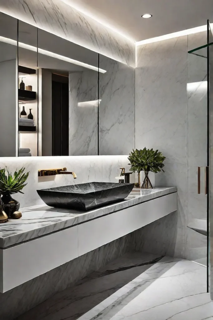 Modern bathroom with statement sink and metallic accents