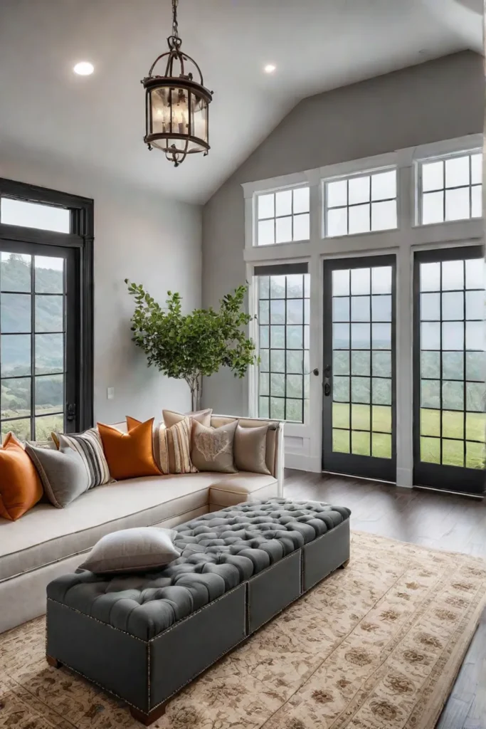 Modern farmhouse living room with window seat