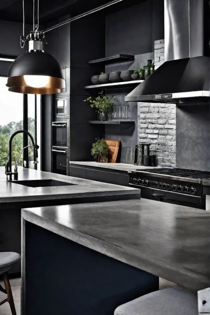 Modern industrial kitchen with a sleek concrete island