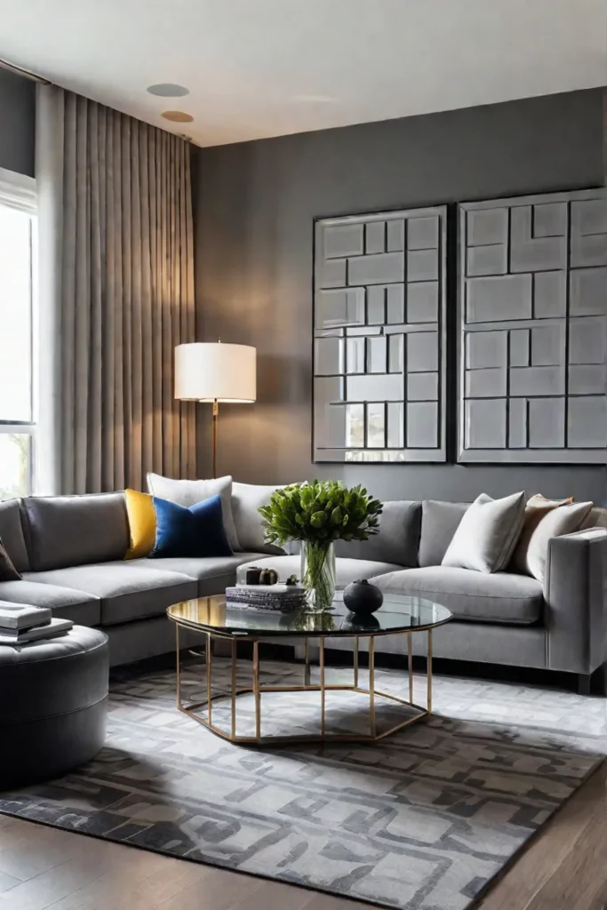 Modern living room with 3D geometric wall art and sectional sofa