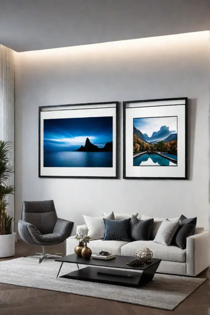 Modern living room with digital art display