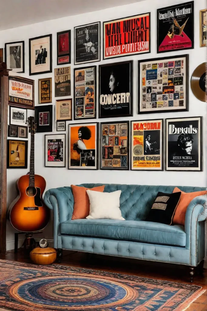Musicthemed gallery wall with concert posters and record covers
